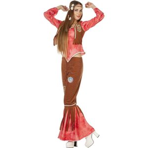 Wilbers - Hippie Kostuum - Rode Hippy Flower Power Ms Brown - Vrouw - rood,bruin - Maat 46 - Carnavalskleding - Verkleedkleding