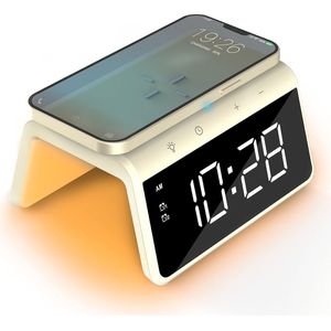 Caliber Digitale Wekker - Wekker met Draadloze Oplader - Wake Up Light - Digitale Klok - Dimbaar - Twee Alarmen - Geschikt als kinderwekker - Nachtlamp - Kleur Geel (HCG019QI-YE)