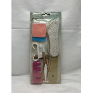 Pedicure set - 6-delige set - Voorzien van 2x schuurpads - Witte Nagelborstel - Puimsteen borstel - Teenspreider - Nagelriem verwijderaar - Persoonlijke verzorging - Geschikt voor voeten - Pedicure setjes