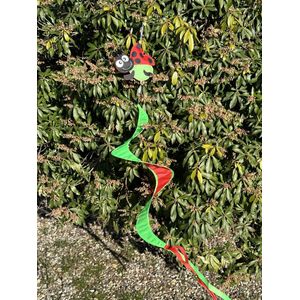 Windmolen met spiraal ""lieveheersbeestje"" - groen en rood - nylon + kunststof - dia 26 cm x hoogte 115 cm - Tuinaccessoires - Windmolens