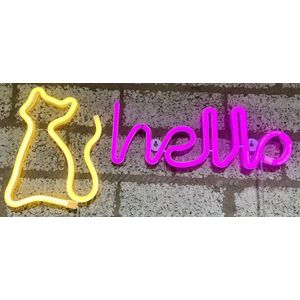 LED kat en hello met neonlicht - Set van 2 stuks - geel en roze neon licht - Op batterijen en USB - hoogte kat 17 x 1.5 x 23.5 cm - hoogte hello 13 x 35 x 2 cm - Wandlamp - Sfeerlamp - Decoratieve verlichting - Woonaccessoires