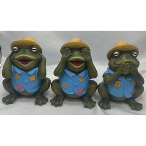 Tropische kikkers "" horen, zien & zwijgen"" beeldjes - groen - set van 3 - 13 cm hoog - polyresin - decoratief