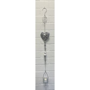 Deco theelichthouder ""hart""met metalen ketting - Hart+vogel en uil- zilveren ketting + witte uil - lengte 105 cm - exclusief theelicht - Woondecoratie - Theelichthouder - Woonaccessoires