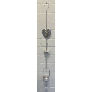 Deco theelichthouder ""Hart+vogel""met metalen ketting - Keramieke vogel - Zilveren ketting + wit/grijze vogel - lengte 95 cm - exclusief theelicht - Woondecoratie - Theelichthouder - Woonaccessoires