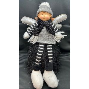 Kerstbeeld Kerst meisje met vleugels - Wit/grijs + grijs/zwart + grijze muts - hoogte 30x20x18 cm - polyresin - Woonaccessoires - Kerstdecoratie