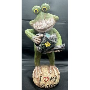 Decoratief (tuin) beeld Kikker ""I love my garden"" + gieter - groen - hoogte 23 x 15 x 7 cm - polyresin - decoratieve beelden - woonaccessoires - tuinaccesoires