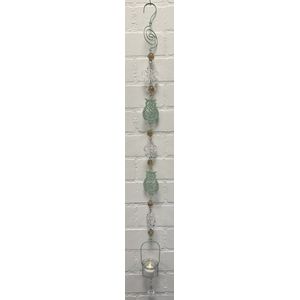 Deco theelichthouder ""uil + doorzichtige bloemen"" met metalen ketting - licht groene ketting + glazen bloemen - lengte 110 cm - exclusief theelicht - Woondecoratie - Theelichthouder - Woonaccessoires