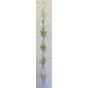 Deco theelichthouder ""vlinders"" met metalen ketting - licht groene ketting + glazen bloemen - lengte 110 cm - exclusief theelicht - Woondecoratie - Theelichthouder - Woonaccessoires