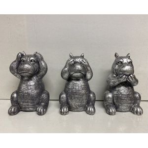 Zilveren Nijlpaarden "" horen, zien & zwijgen"" beeldjes - zilver - set van 3 - 13 cm hoog - polyresin - decoratief