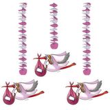 Folat Hangdecoratie Geboorte Meisje - Set van 3 roze-zilveren draaislingers met ooievaar - 75 cm lengte