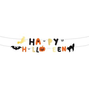 Folat Happy Booo 23862 23862-Happy Booo Letterslinger Happy Figures spook, pompoen, kat, heks, vleermuis zwart, oranje, goud voor Halloween party decoratie kinderen, meerkleurig