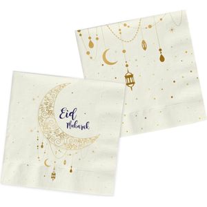 Folat 24894 Eid Mubarak servetten ster maan wit goud 33 x 33 cm 20 stuks Ramadan Aid Mubarak 33 x 33 cm