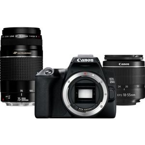 Canon EOS 250D + EF 18 55mm f/ III + EF 75 300mm f/4 III SLR camerakit MP CMOS 6000 x 4000 Pixels Zwart