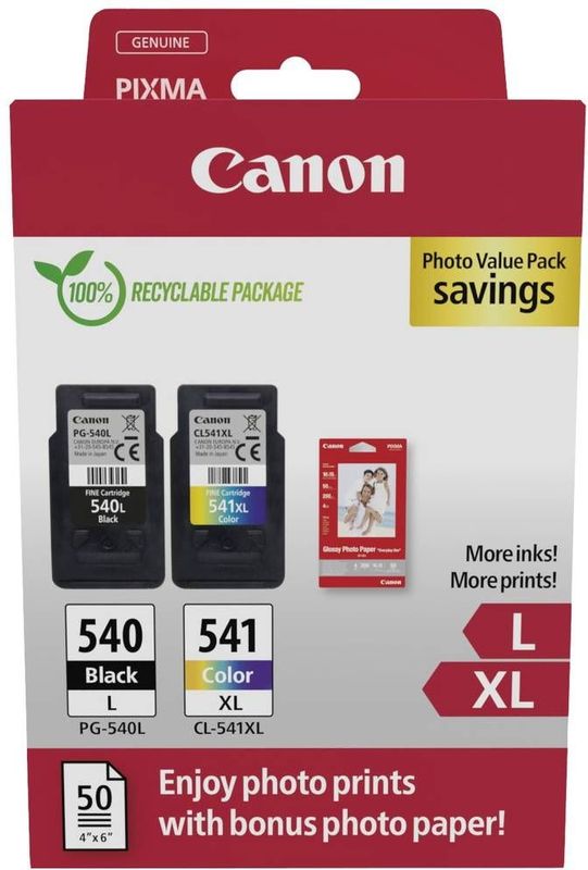 Canon Original PG-540L + CL-541XL Druckerpatronen Valuepack - 1 x schwarz / 1 x farbig + 50 Blatt Fotopapier (5224B012)