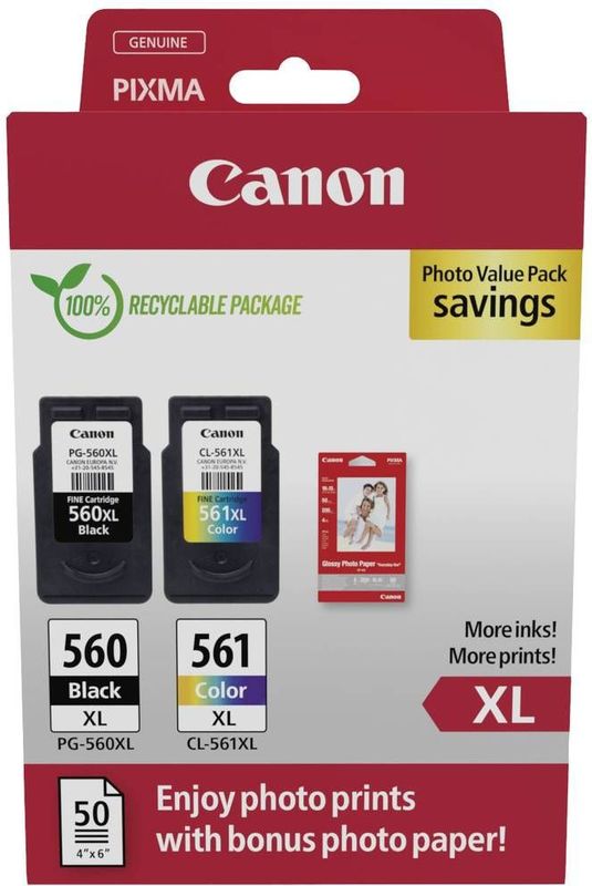 Canon PG-560XL + CL-561XL  schwarz, color Druckköpfe + Fotopapier, 2er-Set