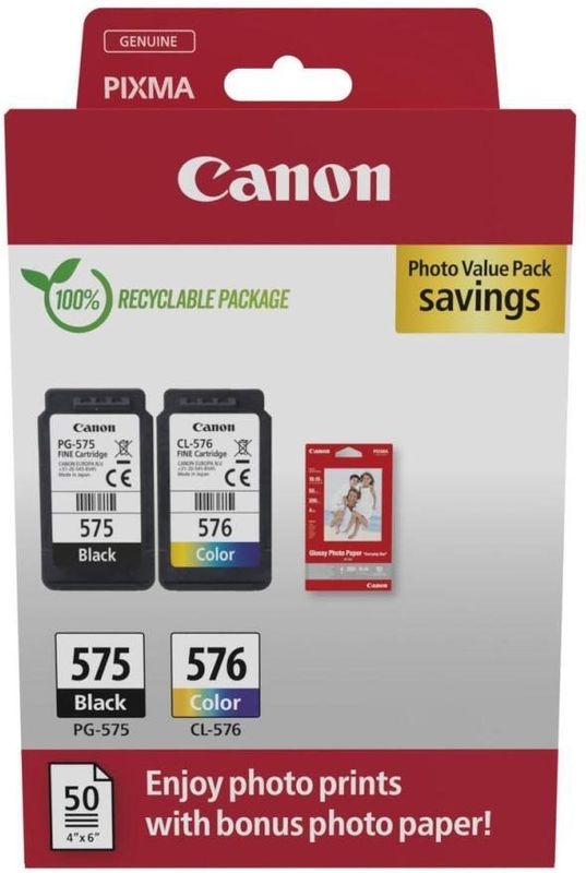 Canon Original PG-575 + CL-576 Druckerpatronen Valuepack - 1 x schwarz / 1 x farbig + 50 Blatt Fotopapier (5438C004)
