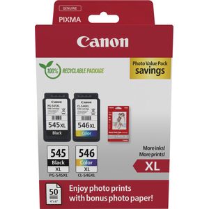 Canon PG-545 XL CL-546 XL WAARDE Pack van 2 cartridges (zwart XL kleur XL) + 50 vellen 10x15cm fotopapier origineel (gerecycled karton multipack)