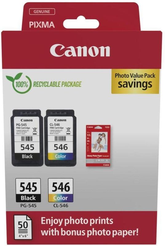 Canon Original PG-545 + CL-546 Druckerpatronen Valuepack - 1 x schwarz / 1 x farbig + 50 Blatt Fotopapier (8287B008)