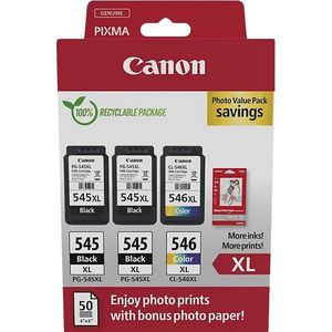 Canon PG-545XL x 2/CL-546XL originele inktcartridges met hoog rendement, verpakking van 3 (2 x zwart, 1 x kleur); Inclusief 50 vellen 4x6 fotopapier - kartonnen multipack