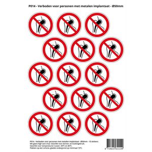 Pictogram sticker P014 - Verboden voor personen met metalen implantaat - Ø 50mm - 15 stickers op 1 vel