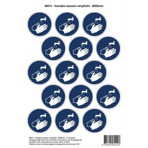 Pictogram sticker M011 - Handen wassen verplicht - 50 x 50mm - 15 stickers op 1 vel