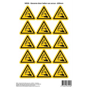 Pictogram sticker W026 - Gevaren door laden van accus - Δ50mm - 15 stickers op 1 vel