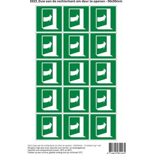 Pictogram sticker E023 Duw aan de rechterkant om deur te openen - 50x50mm 15 stickers op 1 vel