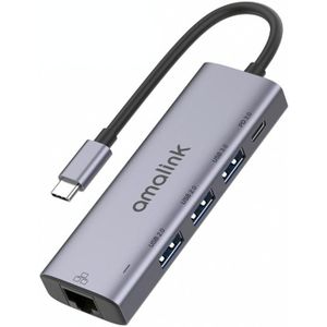 Amalink 95121D Type-C / USB-C naar RJ45 + 3 PORTS USB + PD 3.0 Multifunctionele HUB