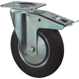 Kelfort Zwenkwiel, zwart rubber wiel met stalen velg en rollager + rem, 135kg m/rem 160mm