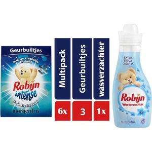 Robijn Set 6x Geurbuiltjes Intense Morgenfris met 1 fles Robijn Morgenfris wasverzachter