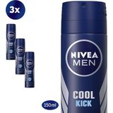 NIVEA MEN Cool Kick Deodorant Spray - Anti-Transpirant - Deo - 3 x 150 ml - Voordeelverpakking