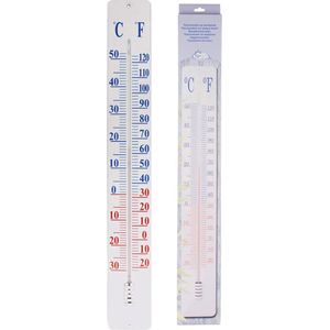 <p>Deze grote thermometer TH9 van Esschert Design is ideaal voor zowel binnen als buiten. Deze mooie, grote thermometer is zowel functioneel als decoratief. Dankzij de grote cijfers en karakters is deze thermometer duidelijk afleesbaar. De thermometer heeft twee gaten waarmee hij aan de muur bevestigd kan worden.</p>
<ul>
  <li>Afmetingen: 12 x 1,9 x 90 cm (L x B x H)</li>
  <li>Materiaal: metaal, glas en kerosine</li>
  <li>Temperatuurmetingen: -30 °C tot 50 °C (-20 °F tot 120 °F)</li>
</ul>
<p>De Esschert Design TH9 thermometer is gemaakt van duurzaam metaal, glas en kerosine. Met een lengte van 12 cm, breedte van 1,9 cm en hoogte van 90 cm is deze thermometer groot genoeg om op te vallen, maar niet te opvallend. De thermometer kan temperaturen meten van -30 °C tot 50 °C (-20 °F tot 120 °F), waardoor hij geschikt is voor zowel koude als warme omgevingen.</p>
<p>Of je nu de temperatuur in je tuin, op je balkon of in je huis wilt meten, deze Esschert Design thermometer is de perfecte keuze. Hij is eenvoudig te installeren met de twee gaten aan de achterkant en kan stevig aan de muur worden bevestigd. Met zijn stijlvolle ontwerp en duidelijke afleesbaarheid is deze thermometer niet alleen praktisch, maar ook een mooie toevoeging aan je interieur of exterieur.</p>