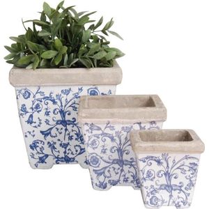 Esschert Design Keramische bloempot, 3-delige set, 3 verschillende maten, blauw-wit bloemenpatroon