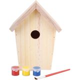 <p>Geef de buurtvogels een plek om zich te nestelen met dit vogelhuisje KG145 van Esschert Design! Het vogelhuisje is gemaakt van geglaceerd dennenhout en is daarmee duurzaam en weerbestendig. Hij kan het hele jaar door gebruikt worden.</p>
<p>Dit doe-het-zelf vogelhuisje wordt geleverd met verf en is geschikt voor mezen, mussen en bonte vliegenvangers. Zou het geen fantastisch cadeautje voor uw kinderen zijn, waarmee ze op speelse wijze in contact kunnen komen met de natuur? Uw kinderen zullen ontzettend genieten van het bouwen en spelen met ons doe-het-zelf vogelhuisje.</p>
<p>De perfecte plek om dit vogelhuisje op te hangen is een rustige, afgelegen, schaduwrijke plek.</p>
<ul>
  <li>Kleur: naturel</li>
  <li>Materiaal: dennenhout</li>
  <li>Afmetingen: 14,8 x 11,7 x 20 cm (L x B x H)</li>
  <li>Met accessoires (3 kleuren verf en een kwast)</li>
</ul>