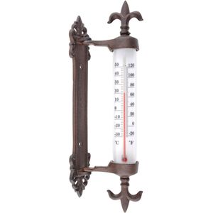 <p>Met deze gietijzeren raamkozijnthermometer van Esschert Design ben je altijd goed voorbereid op temperatuurveranderingen! Dankzij de grote cijfers en tekens en de aanduiding in zowel Celsius als Fahrenheit is deze thermometer perfect voor iedereen.</p>
<p>De thermometer wordt aan het raamkozijn bevestigd, zodat hij zowel de binnen- als buitentemperatuur kan meten.</p>
<p>Daarnaast heeft deze buitenthermometer een mooie smeedijzeren afwerking en heeft hij een mooie Fleur de Lis op de onder- en bovenkant.</p>
<ul>
  <li>Kleur: bruin</li>
  <li>Materiaal: gietijzer, PE, PS en kerosine</li>
  <li>Afmetingen: 9,4 x 5,5 x 29,5 cm (L x B x H)</li>
  <li>Met aanduiding in zowel Celsius als Fahrenheit</li>
  <li>Temperatuurmetingen: -30 °C tot 50 °C (-20 °F tot 120 °F)</li>
  <li>Draaibaar</li>
  <li>Makkelijk af te lezen</li>
</ul>