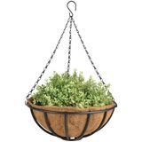 Metalen hanging basket / plantenbak zwart met ketting 35 cm inclusief kokosinlegvel - Hangende bloemen