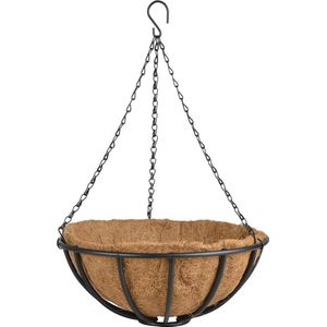 Metalen hanging basket / plantenbak zwart met ketting 35 cm inclusief kokosinlegvel - Hangende bloemen
