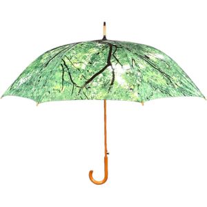 Grote robuuste paraplu met mooie bosprint, automatisch openen, handvat en stok van hout, Groen, Normaal, Bos