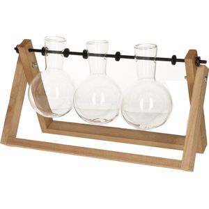 Stekset van hout 25 x 14 cm met 3 glazen vaasjes 11 x 6 cm - woondecoratie / woonaccessoires