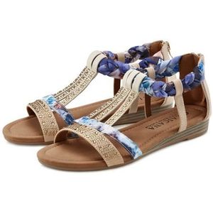 Lascana - Sandalen - Beige/blauw - Met Versiering en Kleine Sleehak - Festival-look - Vegan
