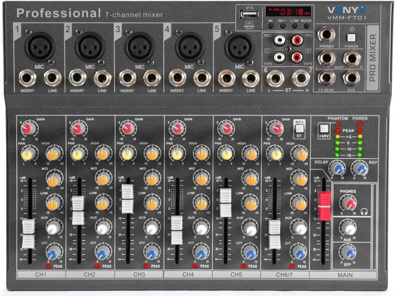 Mengpaneel - Vonyx VMM-F701 - Professionele 7-kanaals mixer met o.a. mp3 speler, echo en delay effecten