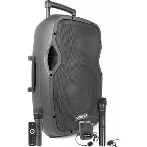 Mobiele party speaker - Vonyx AP1200PA - 600 Watt - 2 handmicrofoons - 1 headset microfoon - Bluetooth - USB - SD