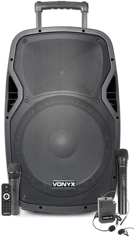 Mobiele party speaker - Vonyx AP1500PA - 800 Watt - partybox met 2 microfoons - 1 headset microfoon - op accu