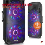 Fenton FT215LED actieve luidsprekers - 2 x 15 ""woofers, uitgangsvermogen: 1600 W, Bluetooth / USB / SD / MP3 / AUX-In / Guitar-In, LED-show in de woofer, oplaadbare batterij, afstandsbediening, incl. 2 x UHF-microfoon