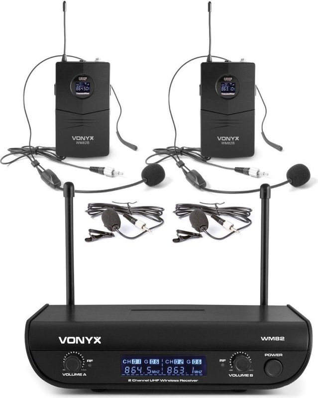 Vonyx WM82 Draadloze UHF Microfoonset - 2x Headset - 2x Dasspeld