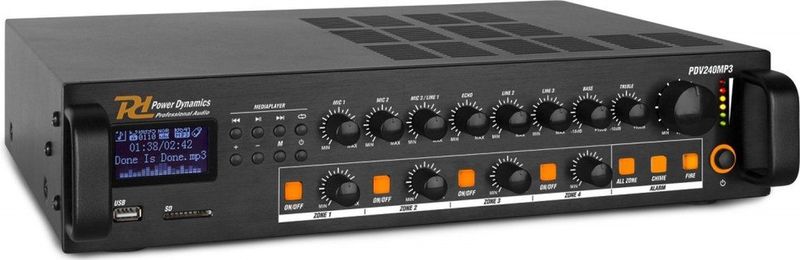 Power Dynamics - PDV240MP3 - 100V Versterker - 4-Zone - Bluetooth - MP3 Speler