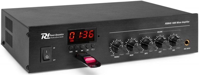 Power Dynamics PDM45 100V versterker 45W met Bluetooth, mp3 speler en radio