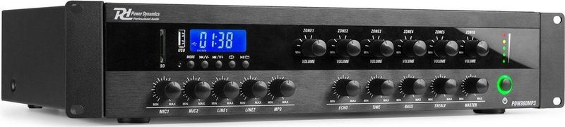 100v versterker met 6 zones - Power Dynamics PDW360MP3 - 100 volt versterker met Bluetooth - 360W