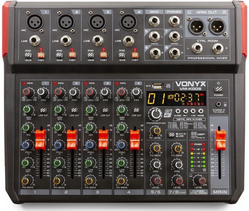 Mengtafel - Vonyx VM-KG08 - 8-kanaals mengpaneel Bluetooth, DSP, mp3 speler en USB audio interface