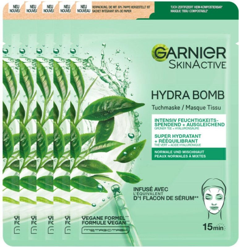 Garnier SkinActive Hydra Bomb Sheet Mask Groene Thee - 5 Stuks - Gezichtsmasker voor Normale & Gemengde Huid